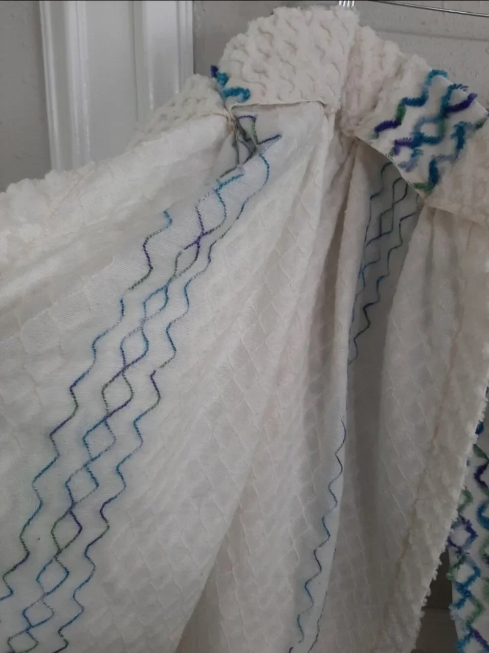 Vintage pair 60s chenille curtain panels two windows chevron zigzag retro